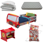 Set Fire Truck - 5 piese (pat masina de pompier, lenjerie si noptiera, set perna si pilota, saltea)